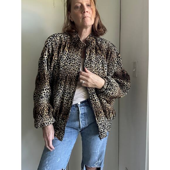 Vintage 80s Animal Print Womens Zipper Jacket/Bomber Micro Pleated Sz L/XL - Picture 4 of 10
